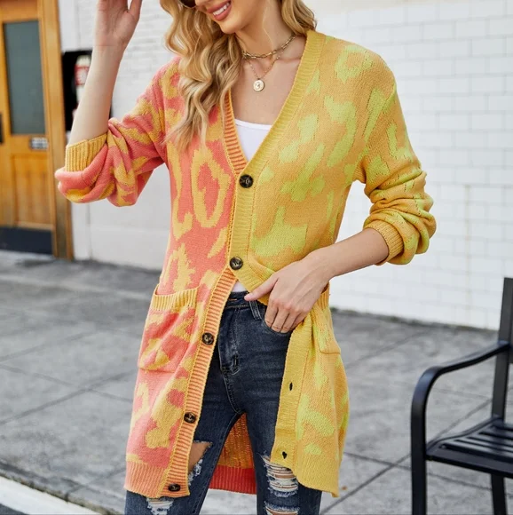 Yellow Leopard Button Down Cardigan - Picture 2 of 9